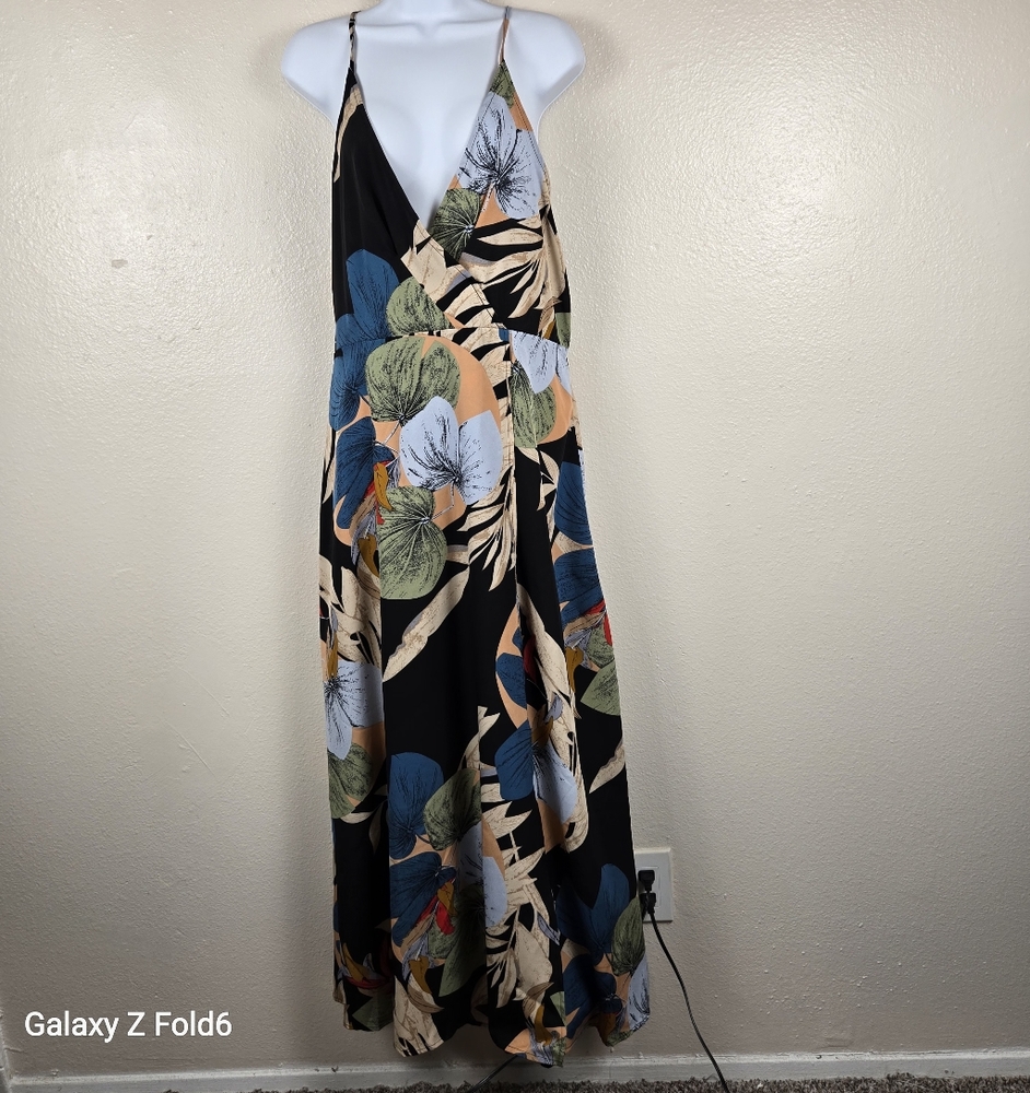 Unbranded Maxi Dress Women Large Black Floral Excellent Tropical Open Back Slit